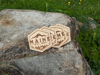 Laser Engraved Maine Wood Coaster