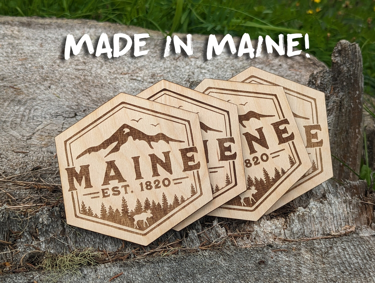 Laser Engraved Maine Wood Coaster