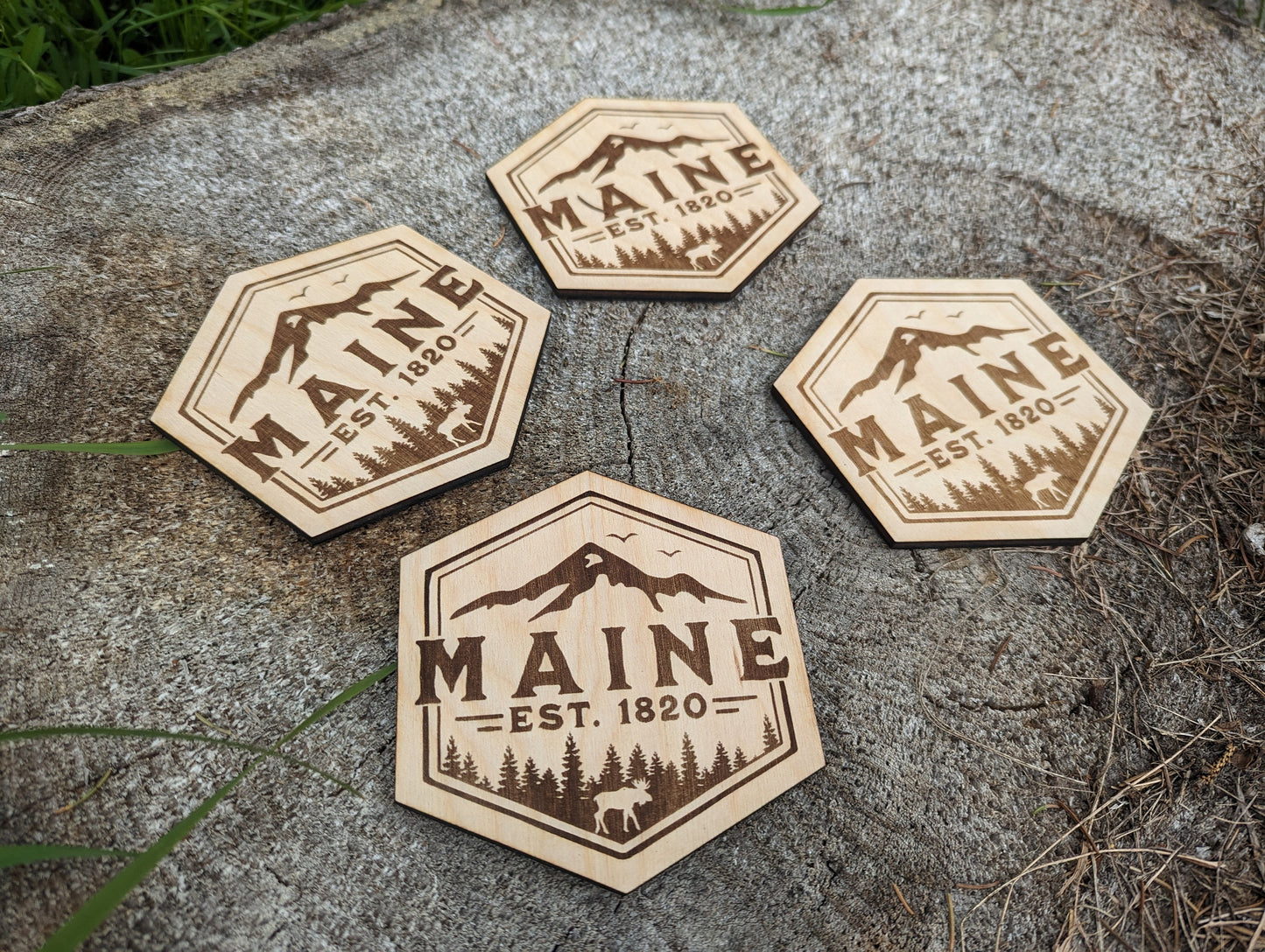 Laser Engraved Maine Wood Coaster