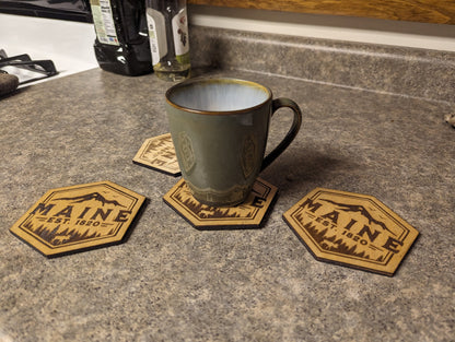 Laser Engraved Maine Wood Coaster