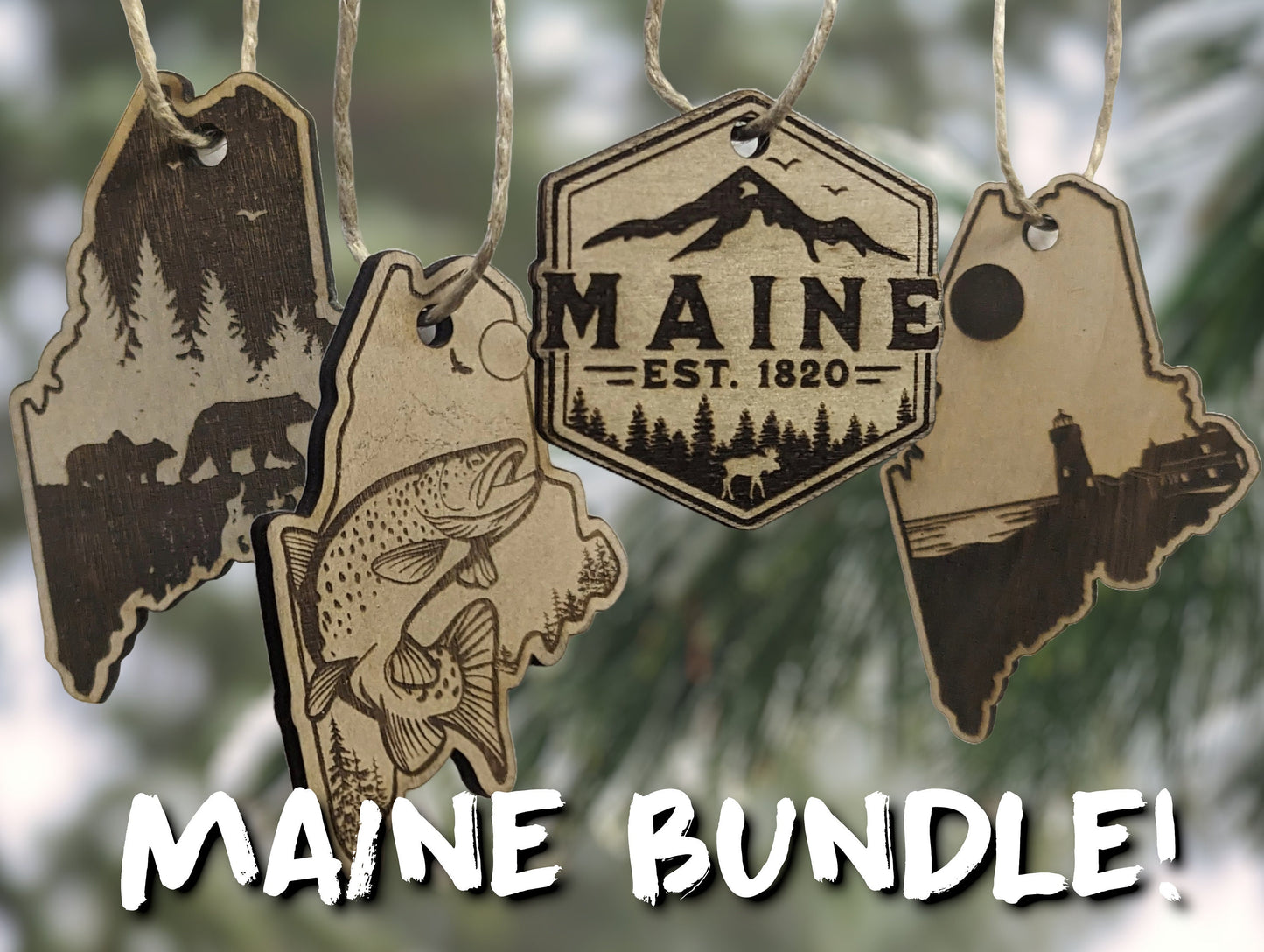 Laser Engraved Maine Ornament Bundle